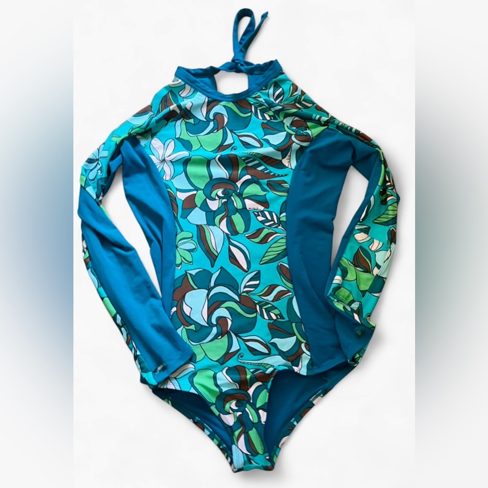 Honey Girl Hawaii Colleen Long Sleeve One Piece Swimsuit Gardenia Aqua SPF 50